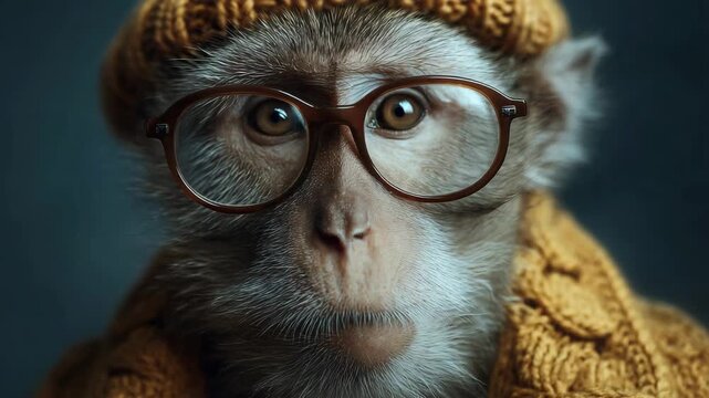 Intelligent monkey wearing glasses and a hat