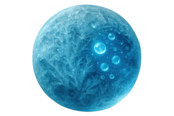 Frozen planet floating in space with ice patterns and glowing bubbles, concept of cold celestial body