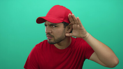 Young hispanic man wearing red cap and shirt holds hand to ear for listening with focused gaze against green studio wall; curiosity.