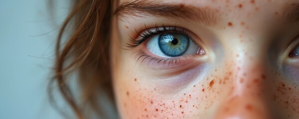 Macro close up of young female face with freckles and blue eyes. Skin details and soft colors make a natural fresh face. Beauty concept with freckled face, youth and vision.