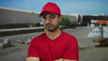 Man wearing red shirt and red cap holds chin in pensive pose at airport terminal outdoors; thinking.