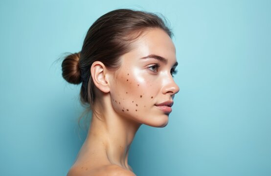 Young woman with dark skin spots on face and neck. Pigmentation marks visible against clear skin. Beauty care concept for even complexion and skin lightening.