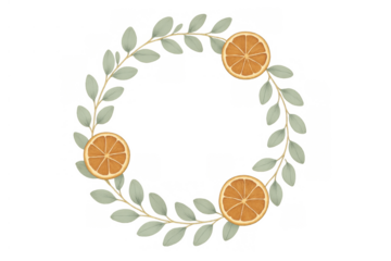Watercolor wreath with dried orange slices and eucalyptus leaves creating a circular frame, transparent background