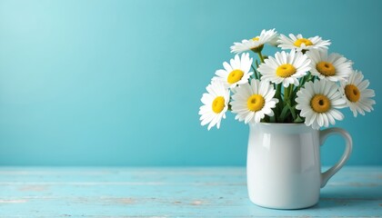 Daisies in white cup. Flowers in vase against blue backdrop on table. Spring theme composition. Fresh blooming chamomile in pot indoor. Floral decoration element copy space. Romantic bloom plant idea.