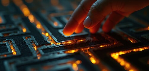 A hand interacts with a glowing maze structure, symbolizing challenges and problem solving. Human finger explores a complex path with orange light lines inside.