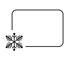 Obraz premium Minimal winter frame with black rounded rectangle border and geometric snowflake icon on white background, clean seasonal template for holiday greeting cards, invitations, social media and modern