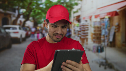 Young man holds smartphone to ear while checking tablet in busy street market  logistics efficiency. © Krakenimages.com