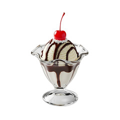 Vanilla Ice Cream Sundae with Chocolate Drizzle and Cherry isolated on a transparent background