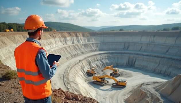 Construction worker with tablet watches excavators work in open pit quarry. Heavy machinery digs earth for minerals. Blue sky above industrial site with layered terrain. - Powered by Adobe