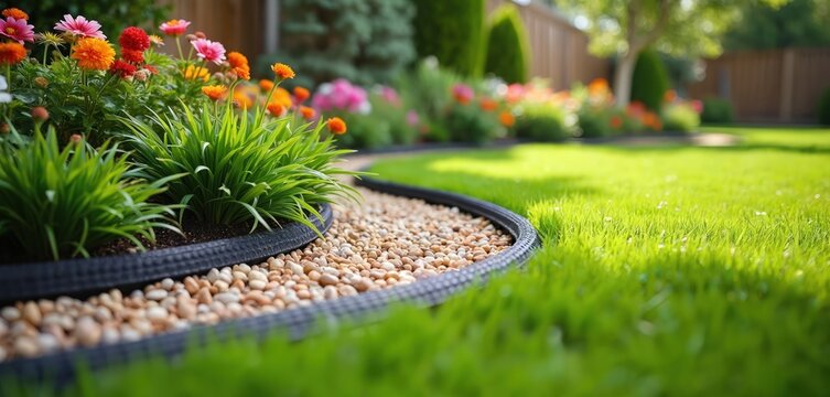 Curved garden border with decorative pebbles separates green grass from flowerbed. Flexible black edging frames manicured backyard landscaping scene. Colorful flowers add vibrant beauty to outdoor