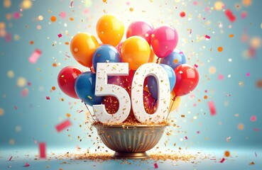 White 3D number 50 in bowl with multicolored balloons and confetti. Golden pieces and colorful paper fall around festive bowl. Celebratory scene for 50th birthday party or anniversary.