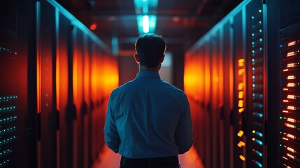 Innovative IT professional walking through server room with vibrant lights showcasing high tech data center and digital infrastructure management