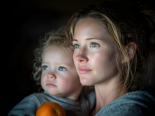 A mother holds her toddler child with an orange, both gazing thoughtfully in soft lighting at something afar.