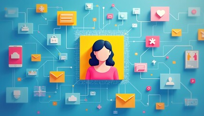 Flat illustration presents person surrounded by social media icons. Concept digital networking. Communication channels exchange messages. Avatar at interface connected to virtual services for