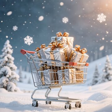 Shopping trolley with present boxes and gold bows in snowy winter forest