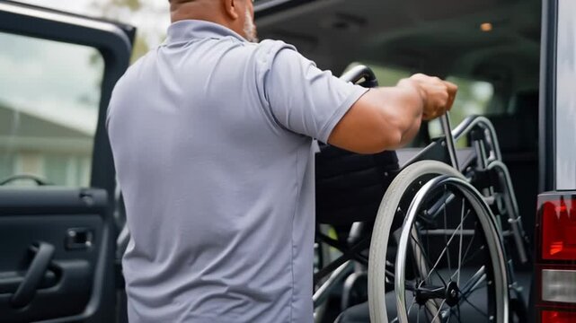 Man loading a folded wheelchair into a car. Person providing mobility assistance for travel. Accessibility and independent living concept