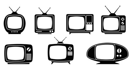 Seven black retro television set icons with different vintage designs, including antennas and classic screens, representing old electronic media and broadcast technology