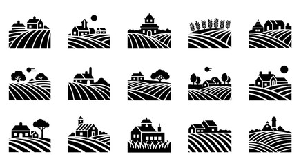 Collection of black farm and agriculture icons featuring rural landscapes with fields, houses, barns, and trees in a minimalist silhouette style for logo design and branding