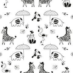 Tropical Animals Cute Funny Black and White Illustration Seamless Pattern Background