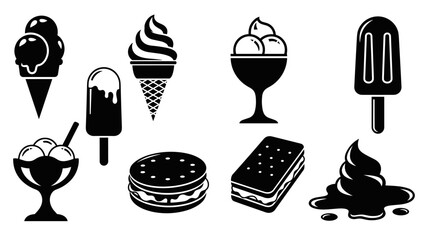 Set of black ice cream icons showing various frozen desserts like cones, popsicles, sundaes, and sandwiches in a simple graphic silhouette style