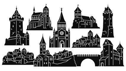 Fototapeta premium Set of black medieval building silhouettes including castles, churches, and villages in a graphic vector style illustration for historical or fantasy themes