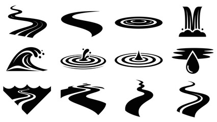 Set of twelve black water icons representing rivers, waves, waterfalls, drops, and ripples in a minimalist graphic silhouette style