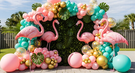 Colorful balloon arch with flamingo decorations at outdoor party location during daytime