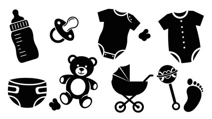 Collection of black baby icons and symbols including a bottle, pacifier, bodysuit, teddy bear, and stroller, representing newborn essentials in a simple graphic style