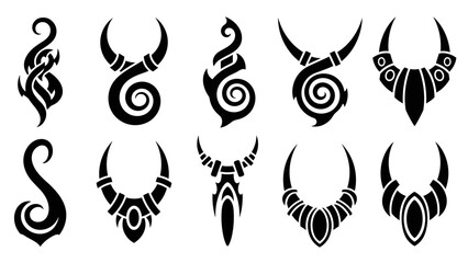 Collection of ten black tribal tattoo symbols with horns, spirals, and abstract shapes, illustrated as graphic design elements for fantasy or mythological themes