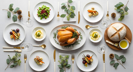 Dinner table setting with roasted turkey and various side dishes arranged for a meal
