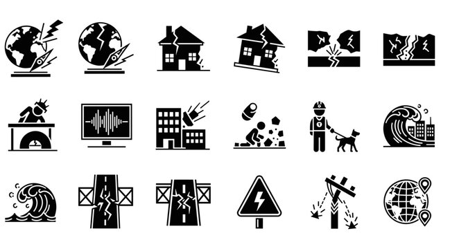 Earthquake and natural disaster solid glyph icons set showing destruction, tsunami waves, damaged buildings, rescue efforts, and seismograph readings for emergency concepts