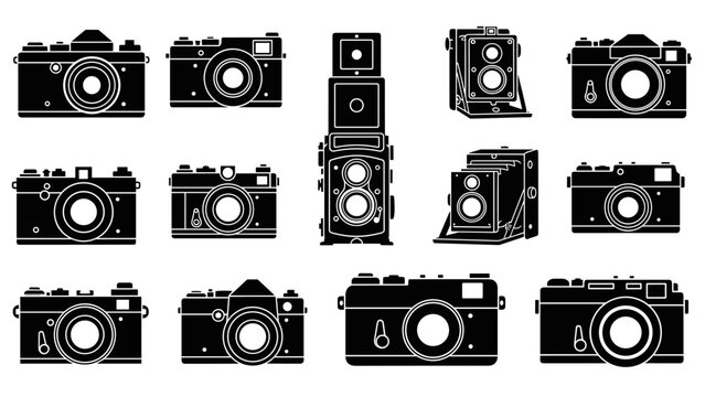 Collection of vintage camera icons in a minimalist black and white style showing various retro photography equipment like SLR, rangefinder, and twin-lens reflex models