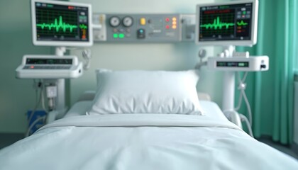 Hospital bed with white sheets and pillow. Medical monitors on both sides showing heart rate. Equipment panel on wall. Green curtain on right. Empty bed in ward with light.