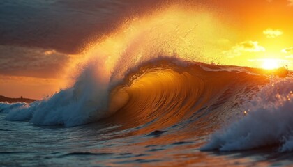 Fototapeta premium Golden wave crests and breaks in sunlit ocean water during vibrant sunset. Orange glow illuminates sea spray, forming tube shape. Calm waters reflect sky.