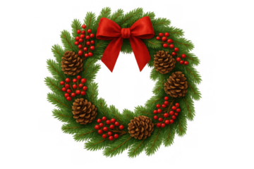 Christmas wreath with red bow, pine cones, and berries for festive holiday decoration, transparent background