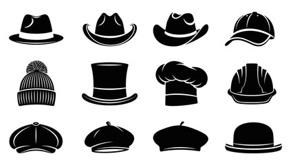 Collection of twelve black hat icons featuring various styles like a fedora, cowboy, beanie, top hat, chef's hat, hard hat, and beret in a minimalist graphic vector illustration