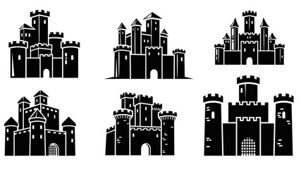 Fototapeta premium Collection of six black castle silhouettes featuring various towers, gates, and battlements, presented as a set of graphic icons for medieval or fantasy themes in a minimalist style