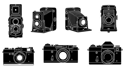 Collection of vintage retro photo cameras illustrated in a black and white silhouette style, showcasing various classic models like TLR, folding, and rangefinder designs