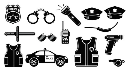 Collection of black and white police equipment icons including a patrol car, badge, handcuffs, gun, and vest in a flat vector graphic silhouette style for law enforcement concepts
