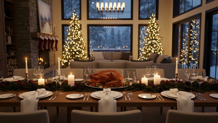 Fototapeta premium Gathering for a holiday dinner with a decorated table and a turkey in a cozy room during winter