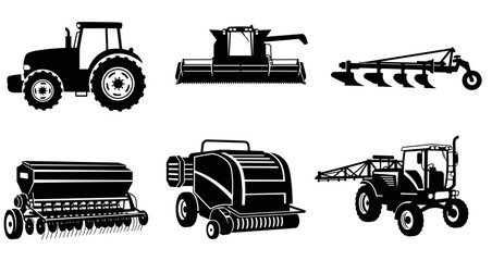 Set of black agricultural machinery silhouettes including a tractor, combine harvester, plow, seeder, baler, and sprayer, presented as a collection of farming equipment icons