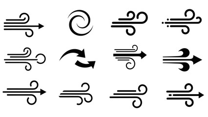 Collection of twelve black wind icons representing air flow, weather, breeze, and current with various arrow and swirl designs in a minimalist graphic style