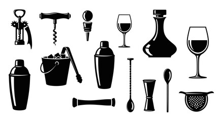 Set of black bar and wine tool silhouettes including a shaker, corkscrew, jigger, and wine glass in a graphic illustration style for beverage and cocktail concepts