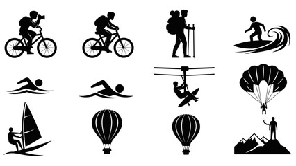 Collection of black silhouette icons representing outdoor adventure sports and travel activities like cycling, hiking, surfing, swimming, parachuting, and mountaineering