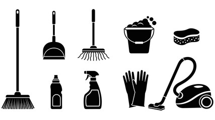 Collection of black cleaning supply icons including a broom, mop, vacuum cleaner, and bucket for housekeeping and sanitation concepts, presented as a simple graphic vector set
