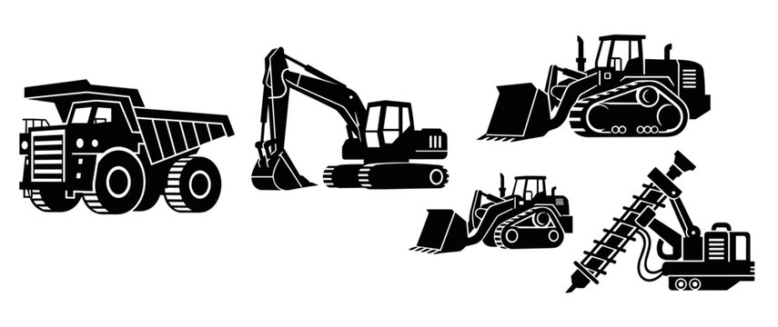 Set of heavy construction machinery silhouettes including a dump truck, excavator, bulldozer, loader, and drilling rig in a bold, graphic vector style illustration for industrial design
