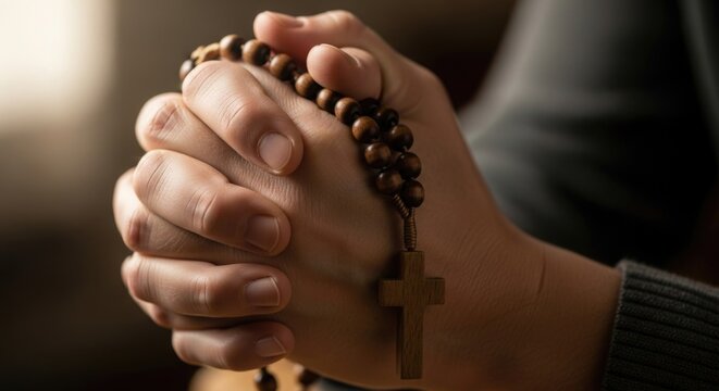 Human hands clasped in deep reverence, holding sacred wooden prayer beads with a symbolic cross, embodying faithful spiritual devotion and seeking profound divine solace.