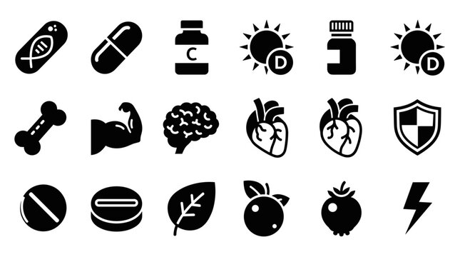 Health and vitamin supplement icon set representing nutrition, immunity, body organs, energy, and wellness in a simple black glyph style for medical and fitness concepts