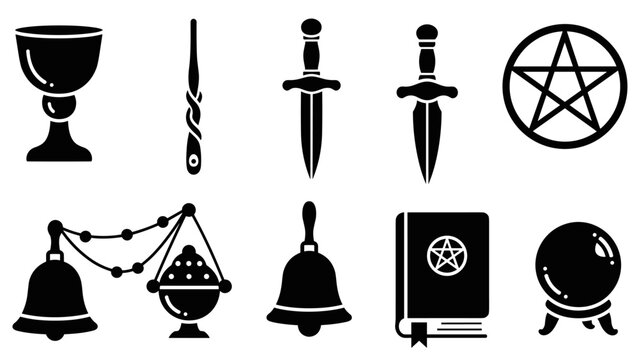 Set of black pagan witchcraft glyph icons showing a chalice, wand, athame, pentagram, crystal ball, spellbook, bell, and censer used in magical rituals and ceremonies