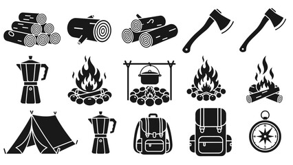 Collection of black camping and hiking icons featuring a tent, campfire, axe, backpack, compass, firewood, and coffee pot in a simple glyph style for adventure and outdoor themes © eclipse